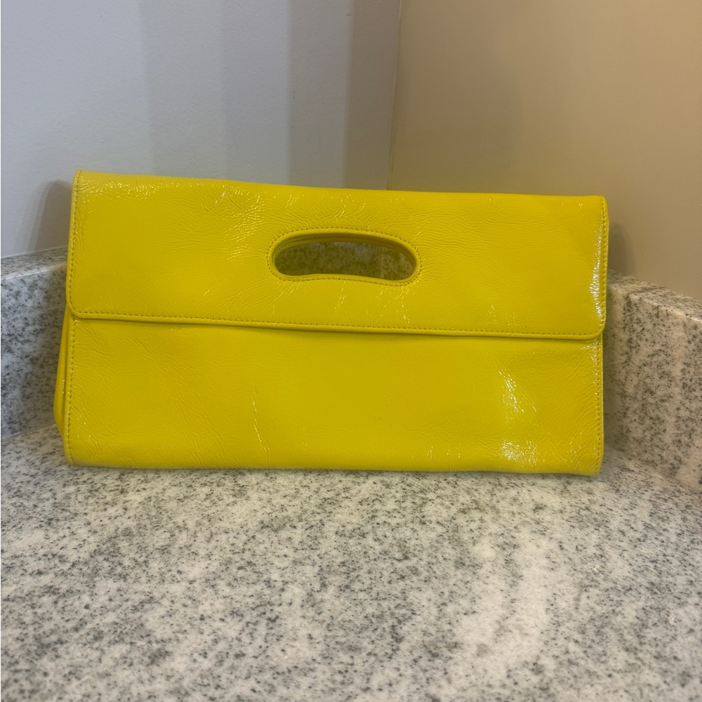 Vintage HOBO International Fold over Clutch Handbag Patent Leather Yellow EUC